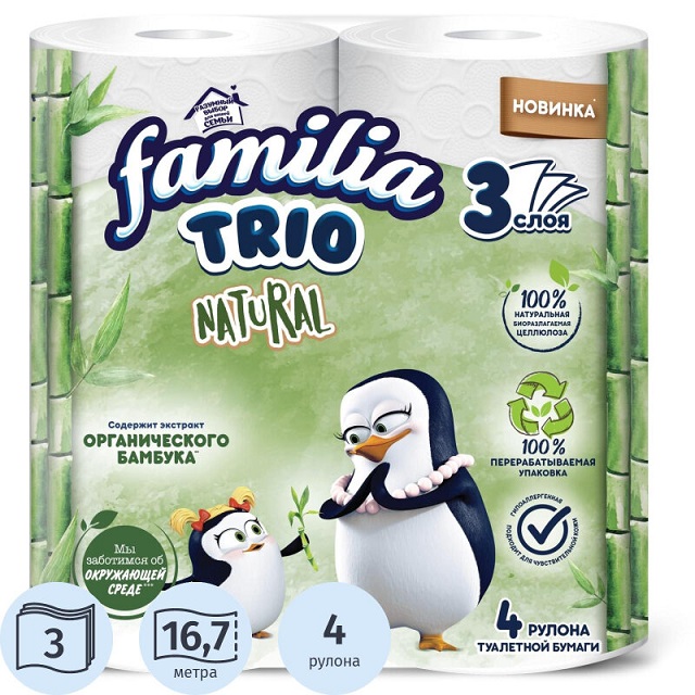 Туалетная бумага Familia Trio белая 3-х слойная 4шт