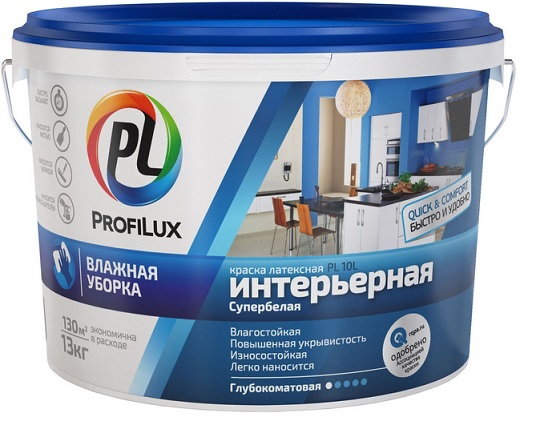 Краска В/Д PL-10L (голубая банка) для стен и потолков износостойкая супер белая 40 кг