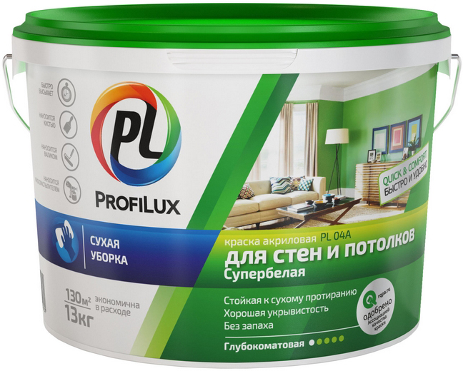 Краска В/Д PL-04А (зеленая банка) для стен и потолков белая 14кг 